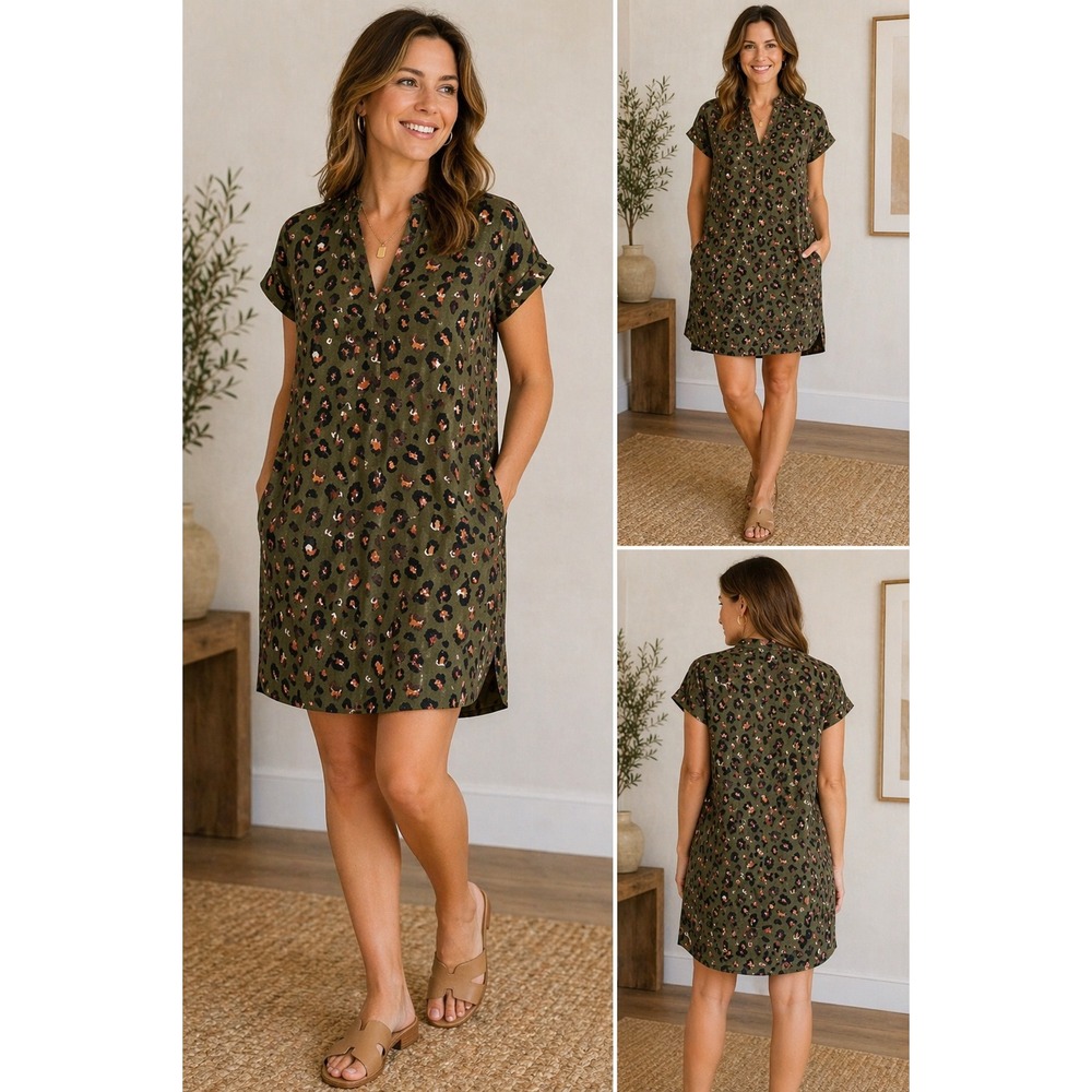 Brooke Wright Leopard Print Dress Olive Green Shift V Neck Pockets Minimalist